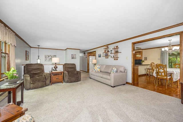 4 Pleasantview Ave, Tyngsborough, MA 01879 - carpeted living area featuring crown molding, a chandelier, and baseboards