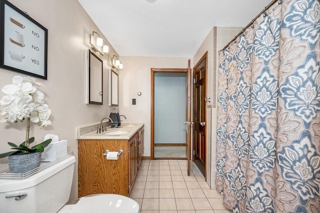 4 Pleasantview Ave, Tyngsborough, MA 01879 - bathroom featuring toilet, tile patterned floors, vanity, a shower with shower curtain, and baseboards