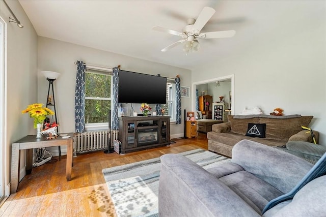 1241 Riverside Ave, Somerset, MA 02726 - living room with radiator, wood finished floors, and ceiling fan