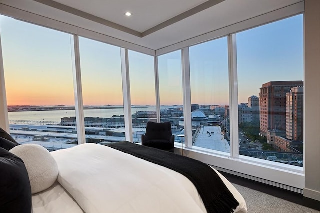 bedroom featuring a water view