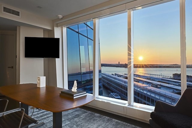 interior space featuring carpet flooring and a water view