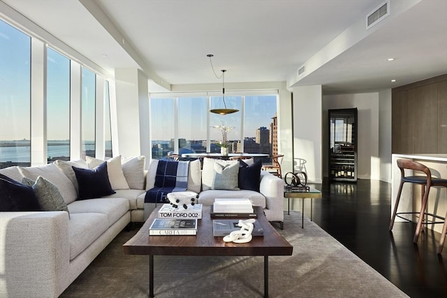 living room featuring a water view and dark hardwood / wood-style floors