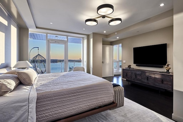 bedroom featuring multiple windows, dark hardwood / wood-style floors, and access to exterior