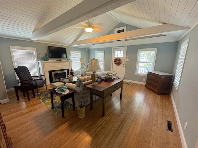 15 Wales Dr, Bourne, MA 02559 - living room featuring a fireplace, light wood finished floors, ceiling fan, and wooden ceiling