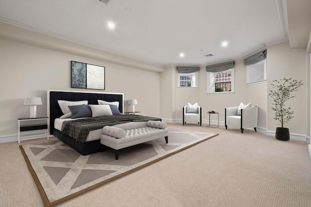 carpeted bedroom with ornamental molding