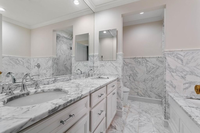 bathroom with toilet, vanity, tile walls, and ornamental molding