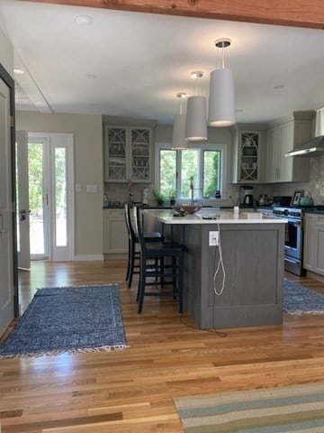 kitchen with a center island, stainless steel range, pendant lighting, and a healthy amount of sunlight