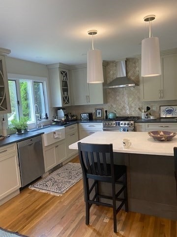 kitchen featuring wall chimney exhaust hood, hanging light fixtures, stainless steel appliances, and light wood-type flooring