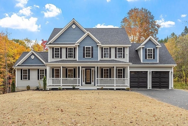 view of front facade featuring a porch and a garage