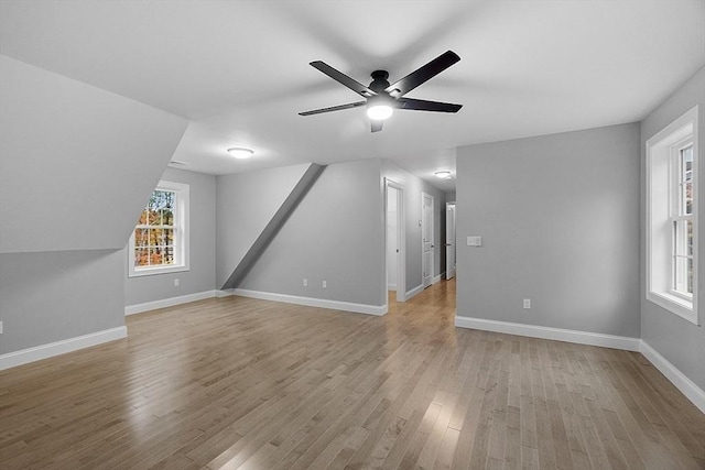 additional living space featuring ceiling fan, lofted ceiling, and light wood-type flooring