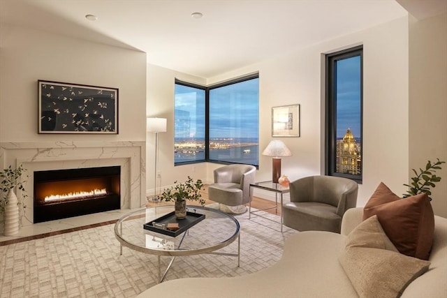 living area with a water view and a fireplace