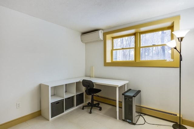 office with a baseboard radiator, a wall unit AC, and baseboards