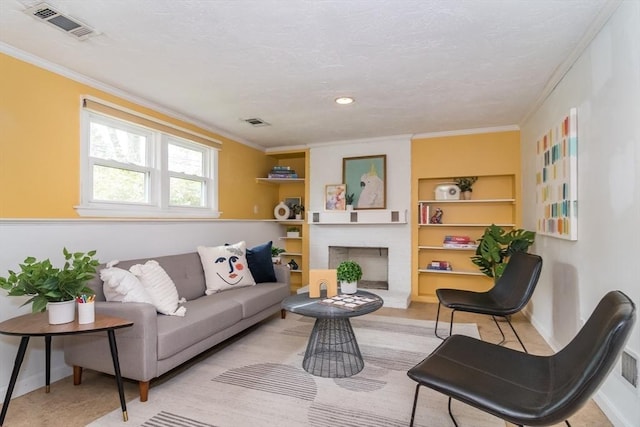 34 Brooks Rd, Wayland, MA 01778 - living room featuring baseboards, crown molding, built in shelves, and a brick fireplace
