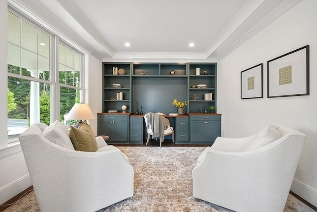 home office featuring recessed lighting, crown molding, baseboards, and wood finished floors