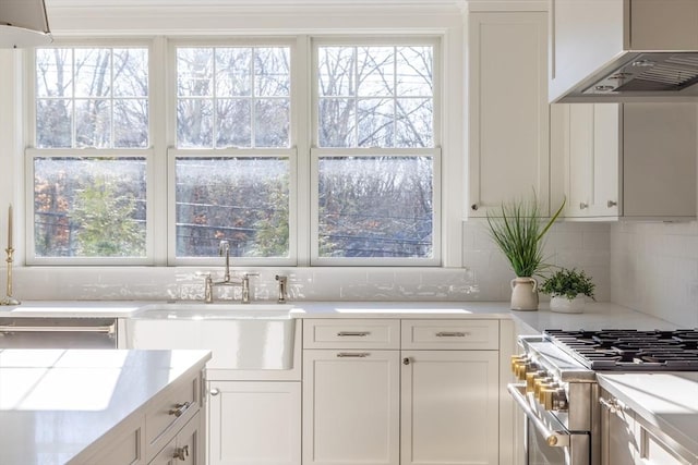 kitchen featuring light countertops, a sink, under cabinet range hood, and high end stainless steel range