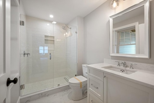 full bathroom with toilet, marble finish floor, vanity, a shower stall, and recessed lighting