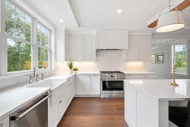 kitchen featuring stainless steel appliances, a sink, light countertops, backsplash, and dark wood finished floors