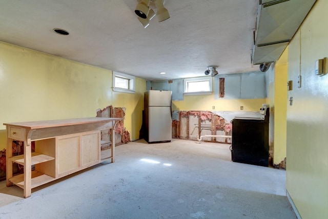 basement featuring freestanding refrigerator