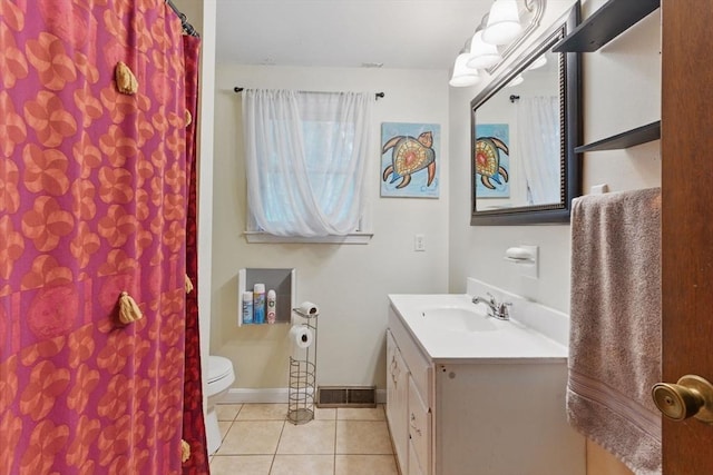 bathroom with toilet, tile patterned floors, curtained shower, visible vents, and vanity