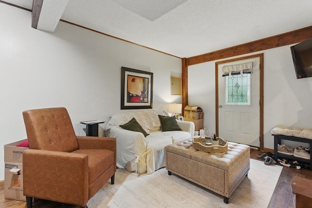 living area with light wood-style flooring and a textured ceiling