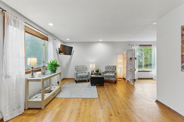 living area featuring baseboards, light wood finished floors, and recessed lighting