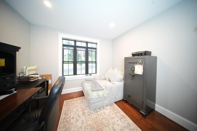 114 Country Club Way, Kingston, MA 02364 - home office featuring baseboards, dark wood-style flooring, lofted ceiling, and recessed lighting