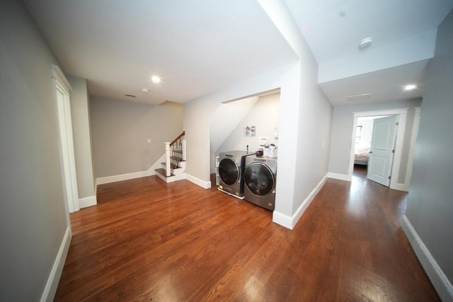 114 Country Club Way, Kingston, MA 02364 - corridor featuring baseboards, washing machine and dryer, stairway, and wood finished floors