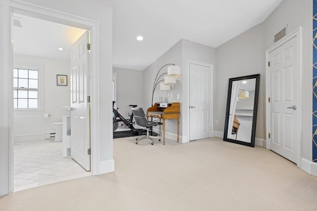 office space with recessed lighting, baseboards, and carpet flooring