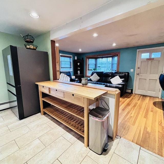 368 W St, Randolph, MA 02368 - kitchen featuring freestanding refrigerator, a baseboard radiator, recessed lighting, and tile patterned floors