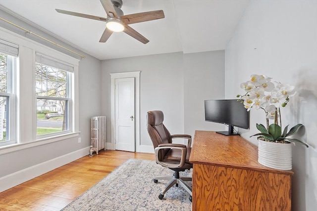 office with light wood-style floors, a ceiling fan, radiator, and baseboards