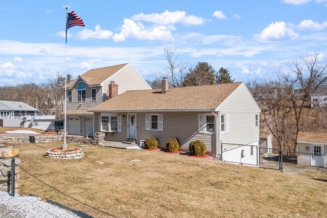 view of front facade with a gate, fence, a front yard, a garage, and a chimney