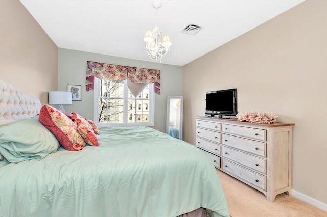 bedroom with a notable chandelier, visible vents, light colored carpet, and baseboards