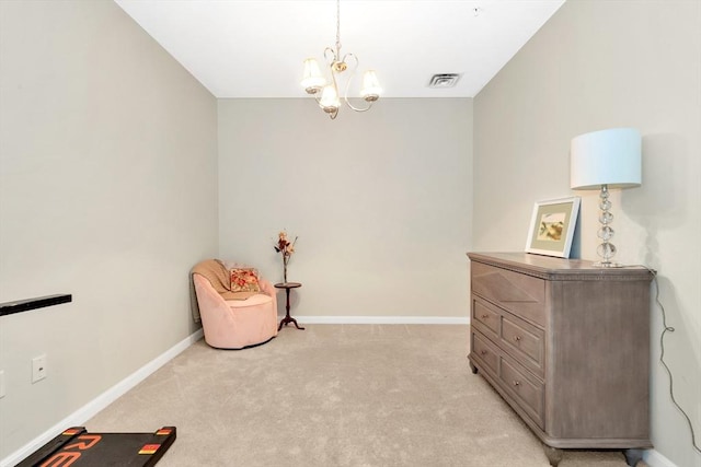 sitting room featuring a chandelier, visible vents, light colored carpet, and baseboards