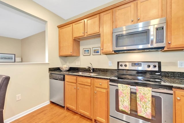 kitchen featuring a sink, stainless steel appliances, dark stone counters, light wood-style floors, and baseboards