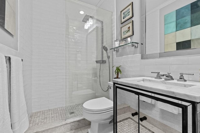 19 Greenwich Park Unit 5, Boston, MA 02118 - bathroom featuring tiled shower, vanity, tile walls, recessed lighting, and tile patterned flooring