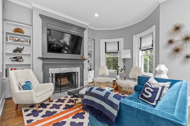 19 Greenwich Park Unit 5, Boston, MA 02118 - living room featuring built in shelves, crown molding, a fireplace, wood finished floors, and recessed lighting