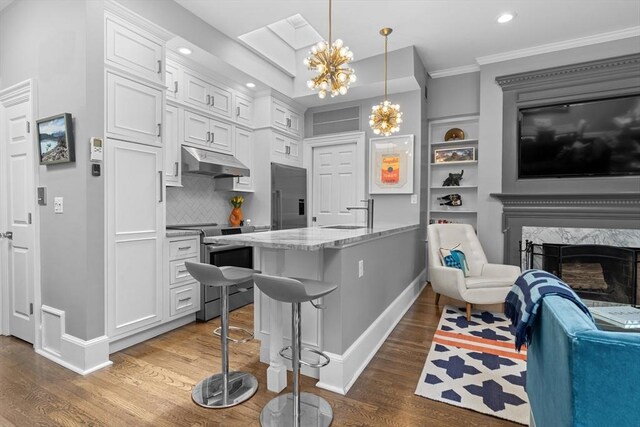 19 Greenwich Park Unit 5, Boston, MA 02118 - kitchen with fridge with ice dispenser, under cabinet range hood, stainless steel electric stove, wood finished floors, and crown molding
