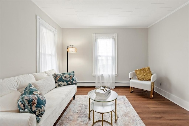 4 Rendall Pl, Melrose, MA 02176 - living room with crown molding, a baseboard heating unit, wood finished floors, and baseboards