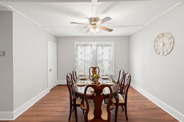 4 Rendall Pl, Melrose, MA 02176 - dining room with baseboard heating, ceiling fan, baseboards, and wood finished floors