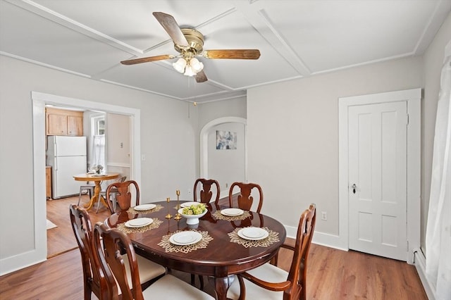 4 Rendall Pl, Melrose, MA 02176 - dining room featuring light wood-type flooring, a ceiling fan, baseboards, and arched walkways