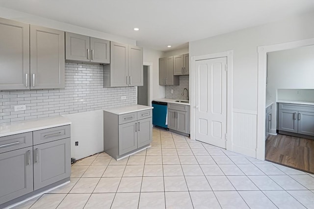 1 Melville St, Worcester, MA 01605 - kitchen featuring gray cabinets, dishwasher, decorative backsplash, a sink, and recessed lighting