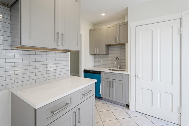 1 Melville St, Worcester, MA 01605 - kitchen with dishwasher, gray cabinets, a sink, decorative backsplash, and recessed lighting