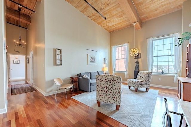 living room with wooden ceiling, beamed ceiling, high vaulted ceiling, a chandelier, and light wood-type flooring