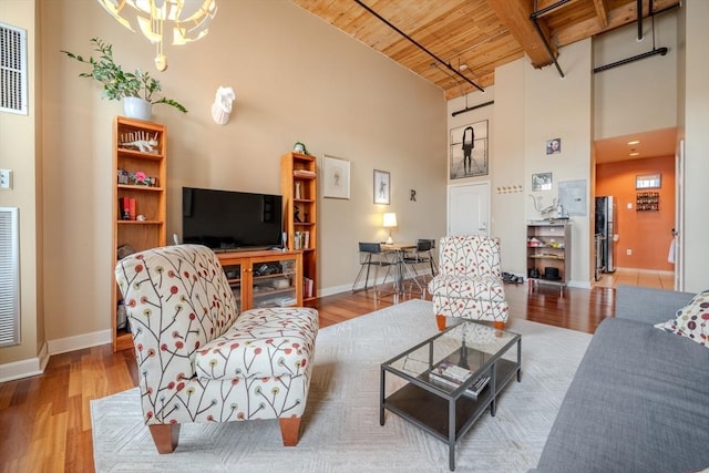 living room with beam ceiling, high vaulted ceiling, wood ceiling, and wood-type flooring