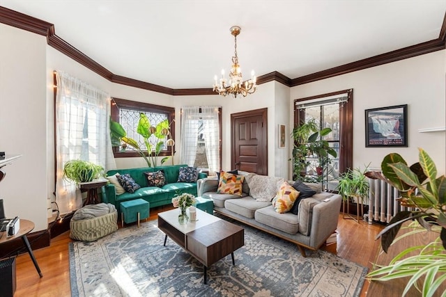 living room featuring ornamental molding, a wealth of natural light, a notable chandelier, and wood finished floors