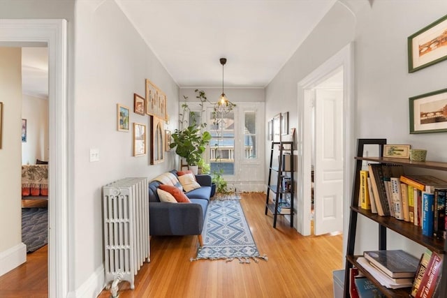 living area featuring baseboards, radiator heating unit, and wood finished floors