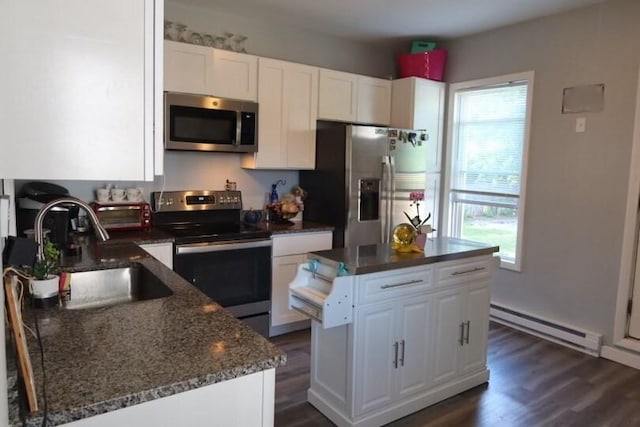 kitchen with dark stone counters, stainless steel appliances, baseboard heating, sink, and white cabinets