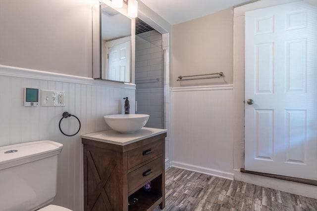 243 Bridge St, Northampton, MA 01060 - bathroom featuring wainscoting, vanity, wood finished floors, and toilet
