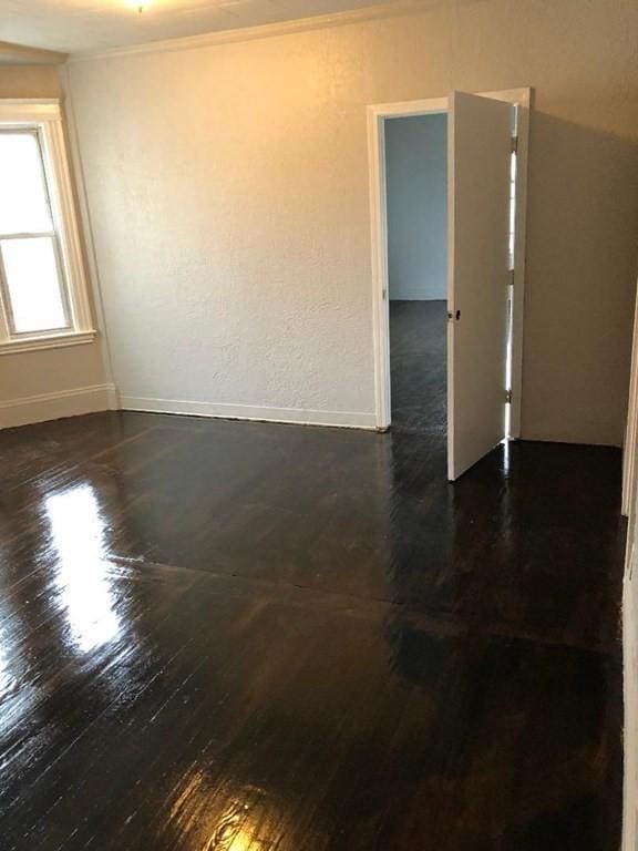 spare room featuring ornamental molding and dark hardwood / wood-style flooring