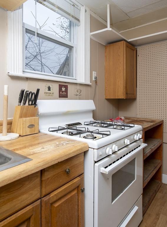 kitchen featuring hardwood / wood-style flooring and gas range gas stove